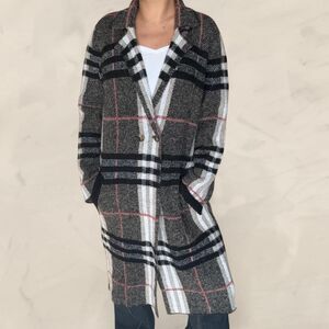 cyprus buttoned long plaid cardigan trench jacket size large black and white